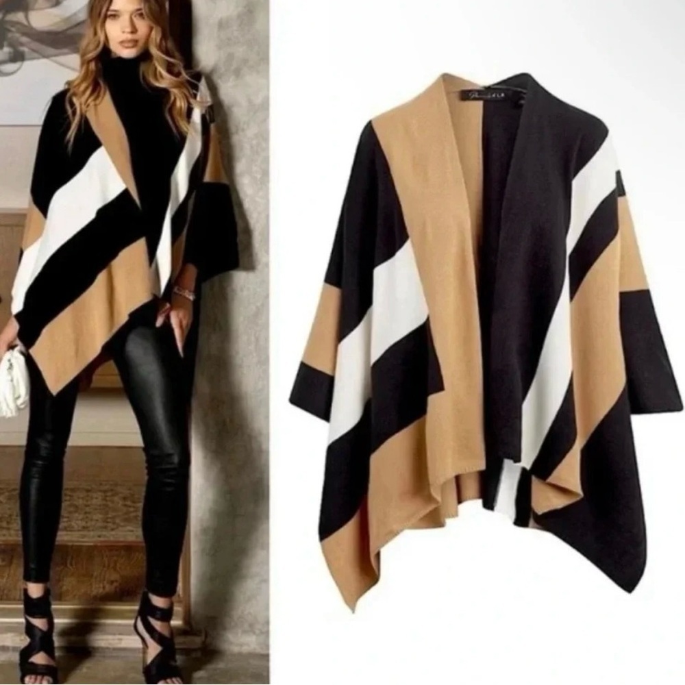 NEW Parrish LA Stevie Colorblock Knit Over Shoulder Wrap Poncho OS One Size - Picture 4 of 13